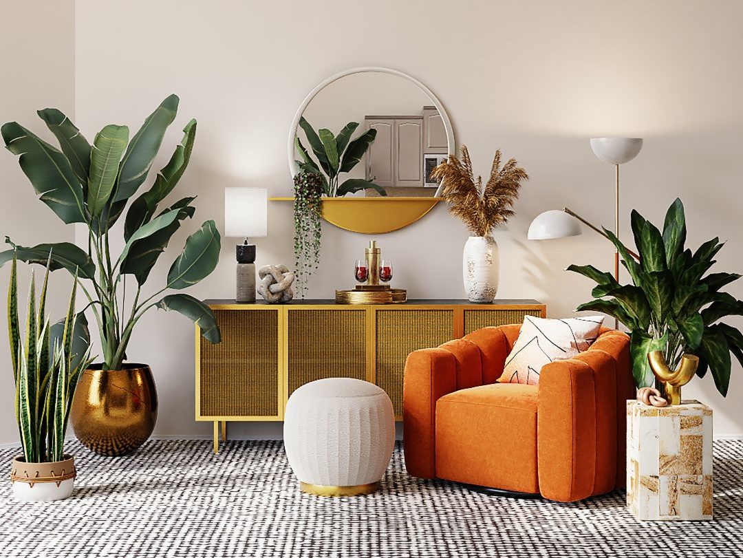 Studio shot photograph of living room style furniture. Including orange comfy single seater sofa, small circular wall hung mirror and several plants and stylish lighting fixtures surrounding.