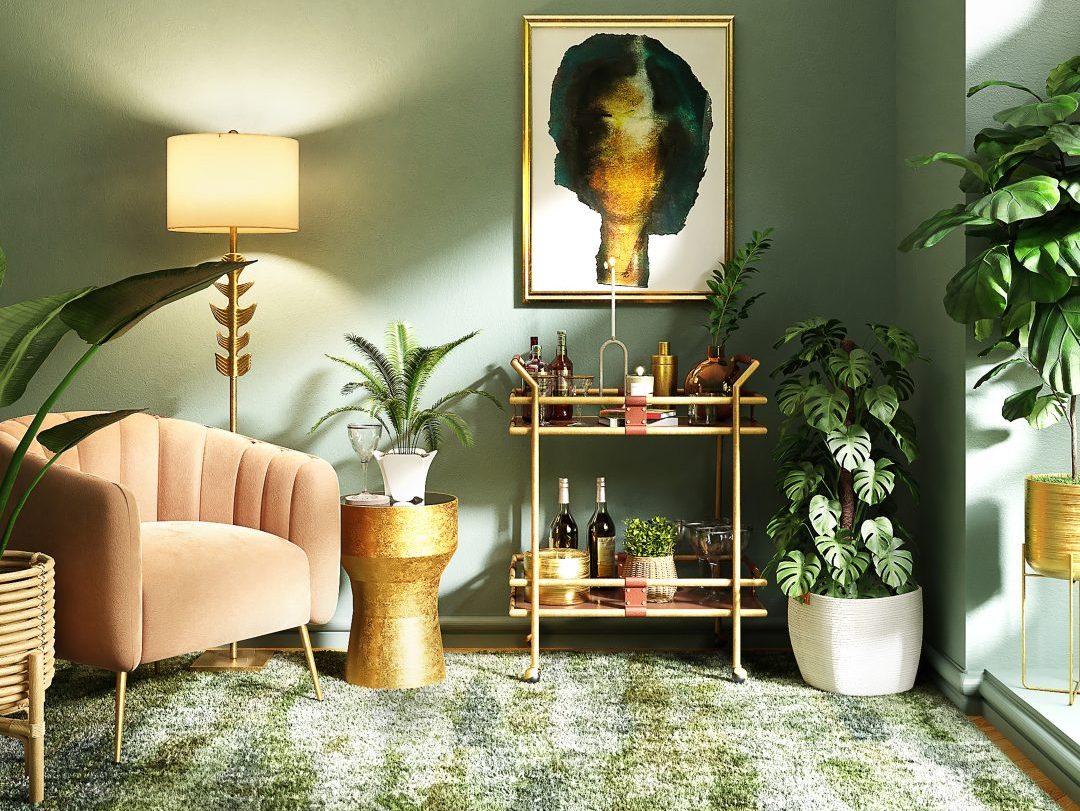 Bohemian, green, organic living space with comfy pink muted single seater sofa, green textured carpets and mint walls. Furniture includes: large lamp and lampshade on the left of shot with plants, a shelving unit with various different ornaments and an abstract orange painting hung on the far wall.